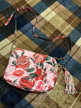 Aldo Pink Crossbody Bag with Red Rose Print and Tassel